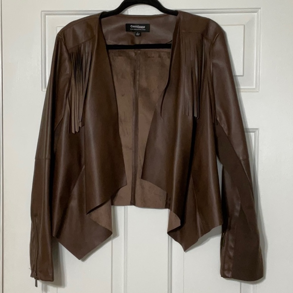 CoffeeShop Faux Leather/Suede Brown Fringe Moto Jacket - Size Large